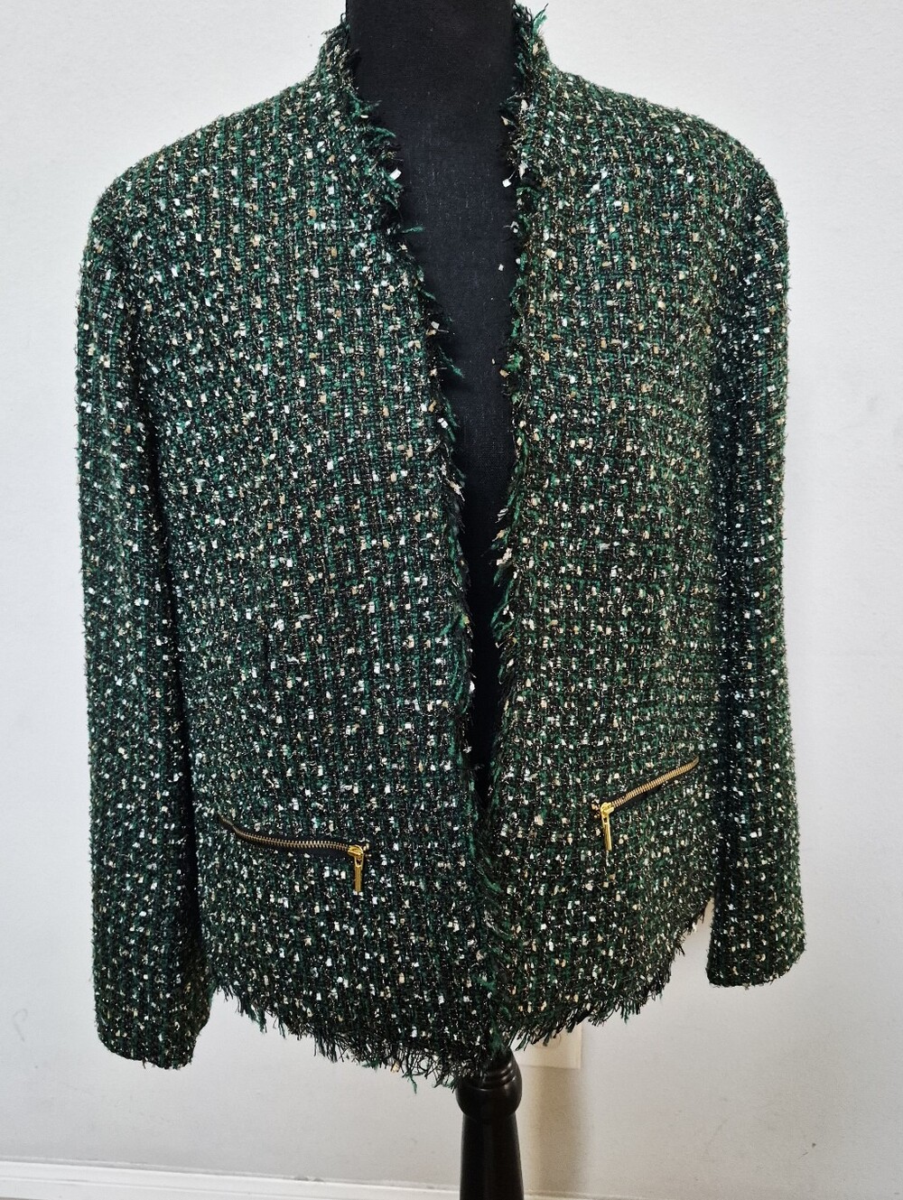 Chico's Dark Green Tweed Open-Front Jacket with Gold Zippers Size 2